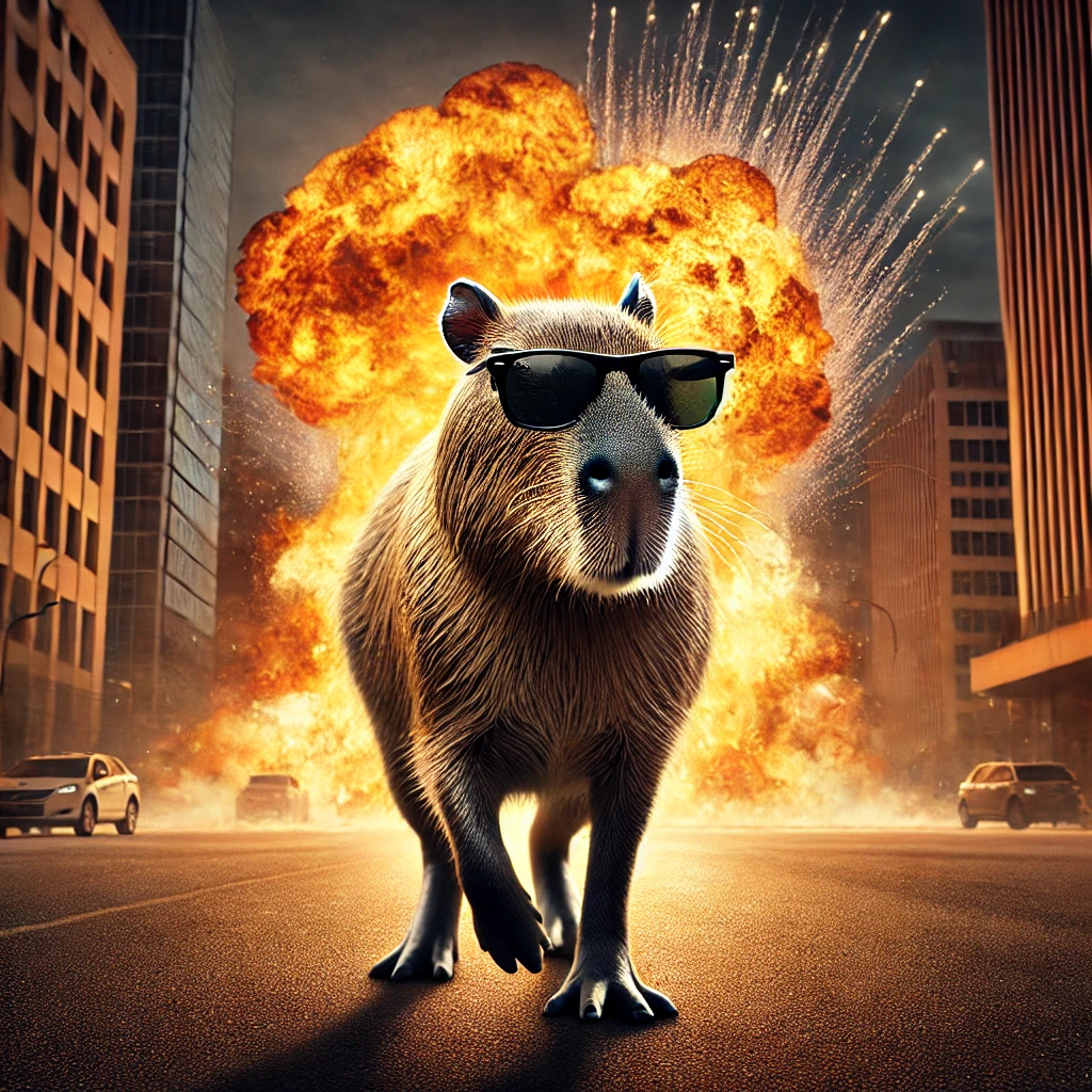 Dalle image of a action hero capyabara walking away from an explosion